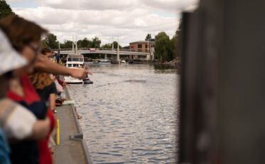 SchwimmerInnen mit den Papebadekappen beim Brückenschwimmen